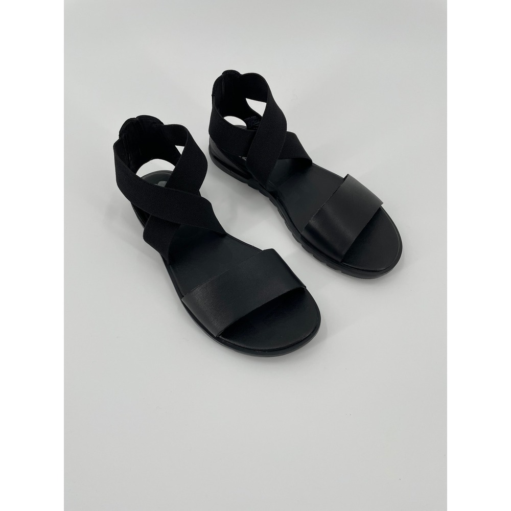 Sorel Ella II Ankle Strap Sandals Black Leather Stretch Chevron Size 7.5